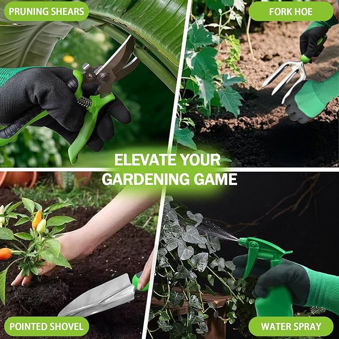 11Pcs Heavy Duty Gardening Tool Set, Shovel Stainless Steel with Non-Slip Rubber Grip, Canvas Storage Bag for Women Gardeners Pruning Shears Plant Care Weeding Tools-VerdiqueGarden