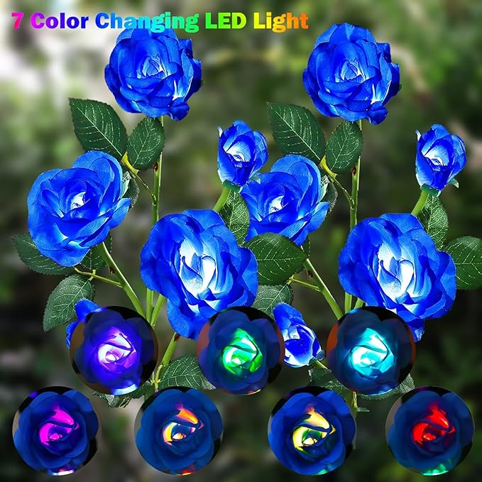 ANGMLN 2 Pack Solar Garden Lights, Solar Flower Lights Outdoor Waterproof with 10 Head Blue Rose 7-Color Changing Landscape Light for Garden Yard Pathway Patio Grave Cemetery Decoration-VerdiqueGarden