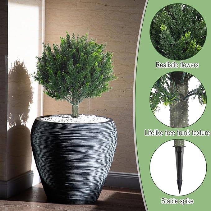 Yunlly 2 Pcs Artificial Cedar Topiary Ball Fake Tree 18" Bush Front Porch Decor Artificial Shrubs for Outdoors Faux Cypress with Ground Spike, Evergreen Plants for Indoor Garden Patio, UV Resistance-VerdiqueGarden
