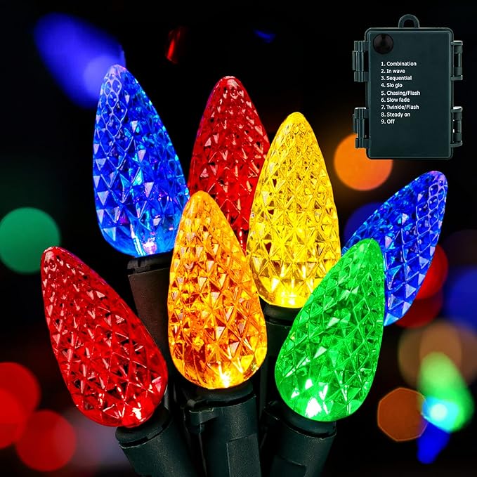 C6 LED Christmas String Lights - 2 Pack 20ft 60LED Battery Operated Strawberry String Lights with Timer and 8 Light Modes for Christmas Trees, Wreaths, Indoor Outdoor Xmas Decor, Multicolor-VerdiqueGarden