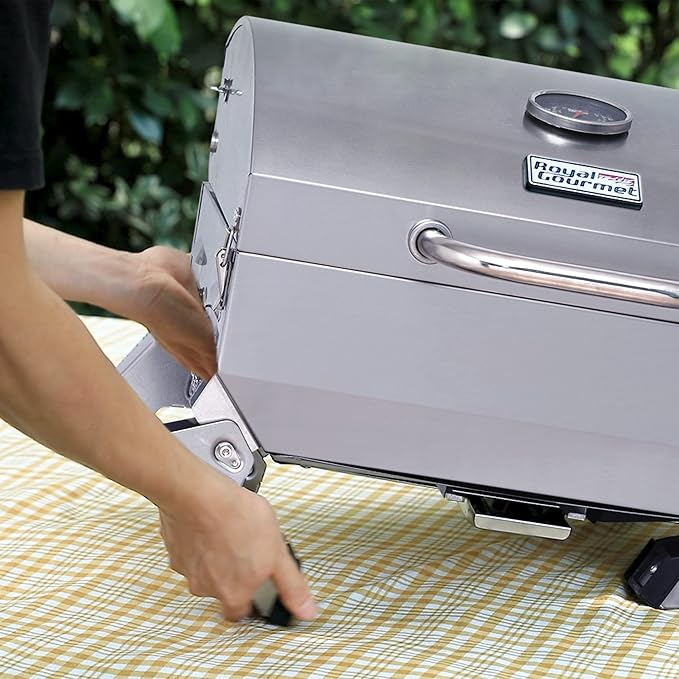 Royal Gourmet GT1001 Stainless Steel Portable Grill, 10000 BTU BBQ Tabletop Gas Grill with Folding Legs and Lockable Lid, Outdoor Camping, Deck and Tailgating, Silver-VerdiqueGarden