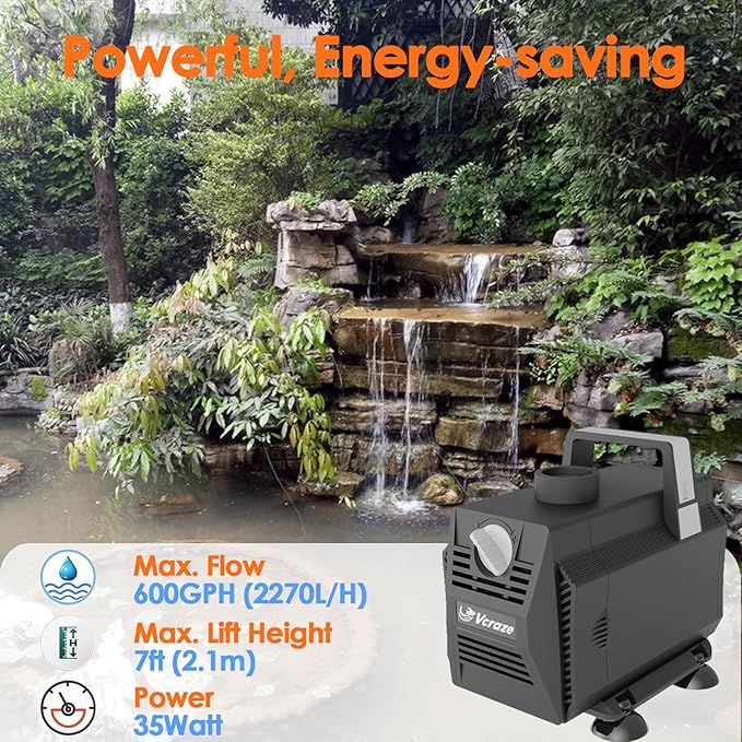 Submersible Water Pump 600GPH/35W Fountain Pumps with Flow Control, Pond Pump Submersible Outdoor with 10ft 3-Core Power cable for Hydroponics, Aquarium, Waterfall, Statuary, Water feature-VerdiqueGarden