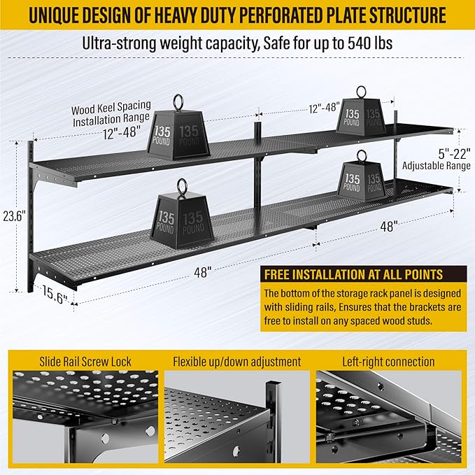 2-Pack 2 Tier 1.3x4ft Garage Shelving Wall Mounted, 800 lbs Load Capacity，15.6x48inch per Shelf Height Cassette Adjustable Floating Shelves(Black)-VerdiqueGarden