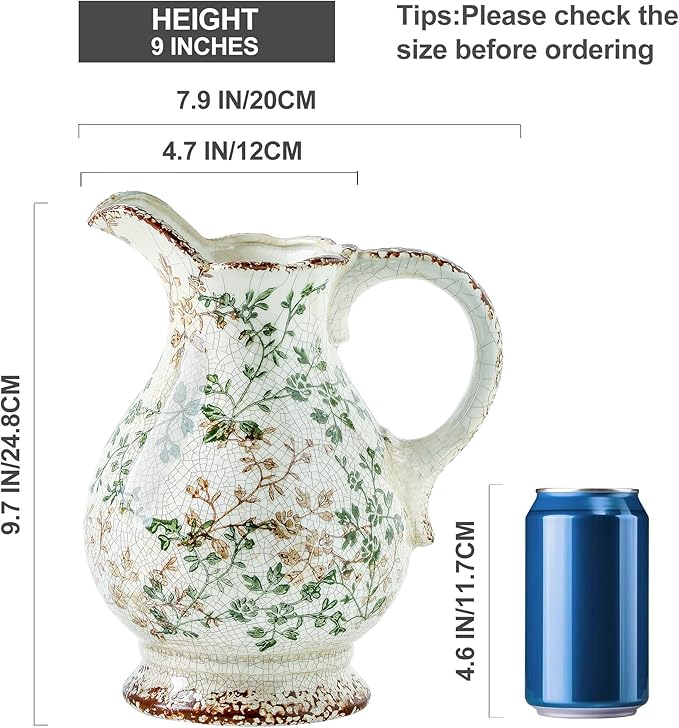 Enra Large Vintage Green Ceramic Vase and Pitcher for Home Decor, 9.7 Inch Rustic Chinoiserie Decorative Vases, Green and Beige Ceramic Vases for Living Room, Kitchen, Office – Large Vases for Decor-VerdiqueGarden