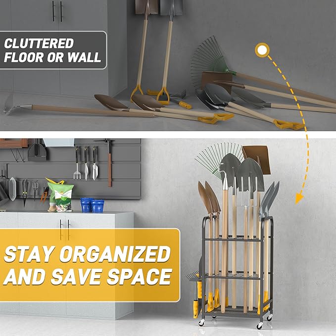 Ultrawall Garden Tool Organizer Stand, Yard Tool Storage Rack with Lockable Wheels, Garage Tool Storage for Rake, Brooms, Indoor & Outdoor Use-VerdiqueGarden