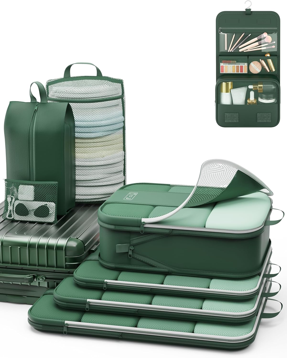 8 Set Compression Packing Cubes for Travel Essentials,Compressible Expandable Packing Cubes for Suitcase,OlarHike Luggage Organizer Bags for Travel,Handy Helper for Organizing Clothes(Dark Green)-VerdiqueGarden