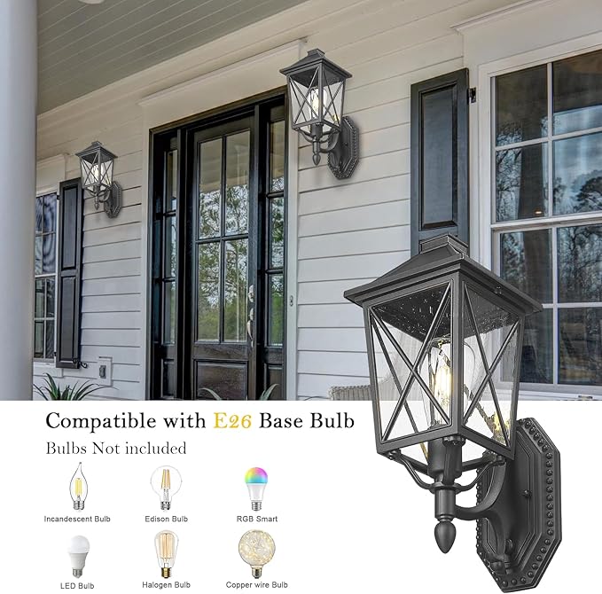Darkaway Outdoor Wall Light Fixture,Outside Porch Lights Wall Mounted Seeded Glass Exterior Waterproof Lantern Modern E26 Socket Wall Sconce Lighting for Front Door Yard Patio-VerdiqueGarden