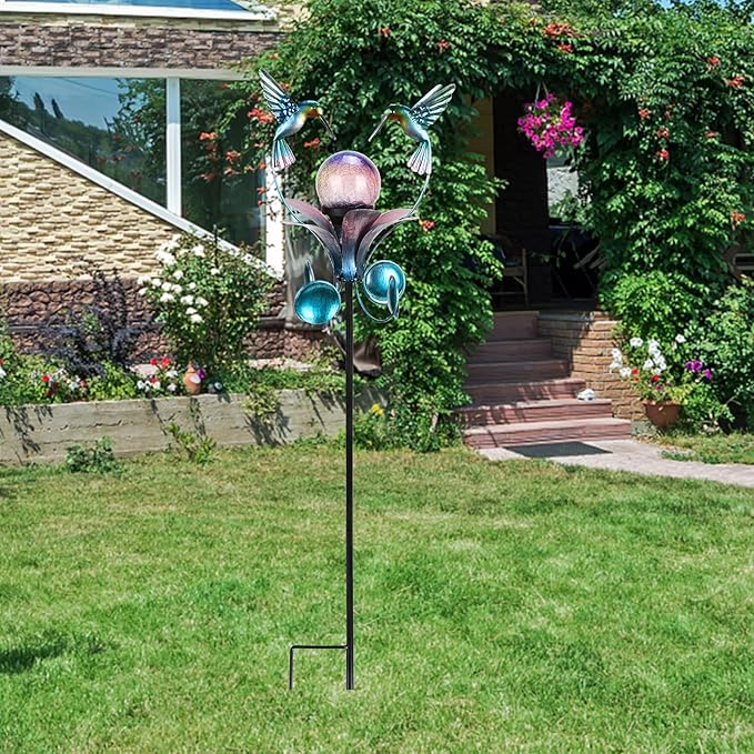 VCUTEKA Solar Lights Outdoor Metal Garden Stake Waterproof Crackle Glass Globe Garden Decor Hummingbird for Pathway, Lawn, Patio, Yard-VerdiqueGarden
