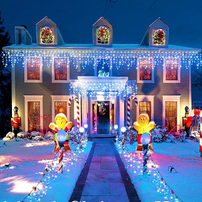 Icicle Lights for Outside, 33FT 400 LED Christmas Lights Outdoor with Waterproof 8 Modes, Plug in Connectable String Twinkle Light for Indoor Home Roof Window Garden Wedding Decorations, Blue White-VerdiqueGarden