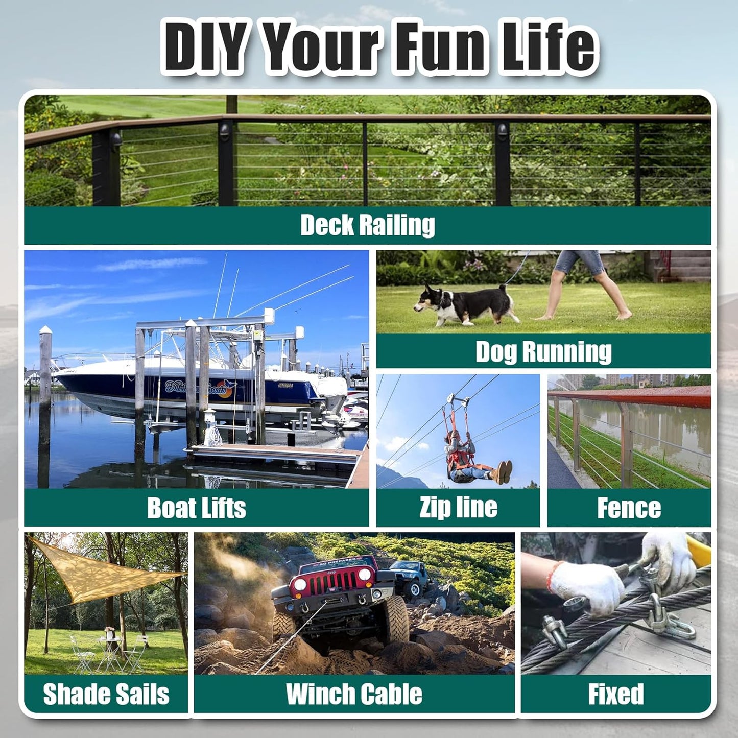 1/4" Stainless Steel Cable, 25FT Wire Rope with Clamps and Thimble, 7X19 Strands Aircraft Cable for Zipline, Outdoor, Deck Railing, Heavy Duty Applications, Hanging, 6400lbs Breaking Strength-VerdiqueGarden