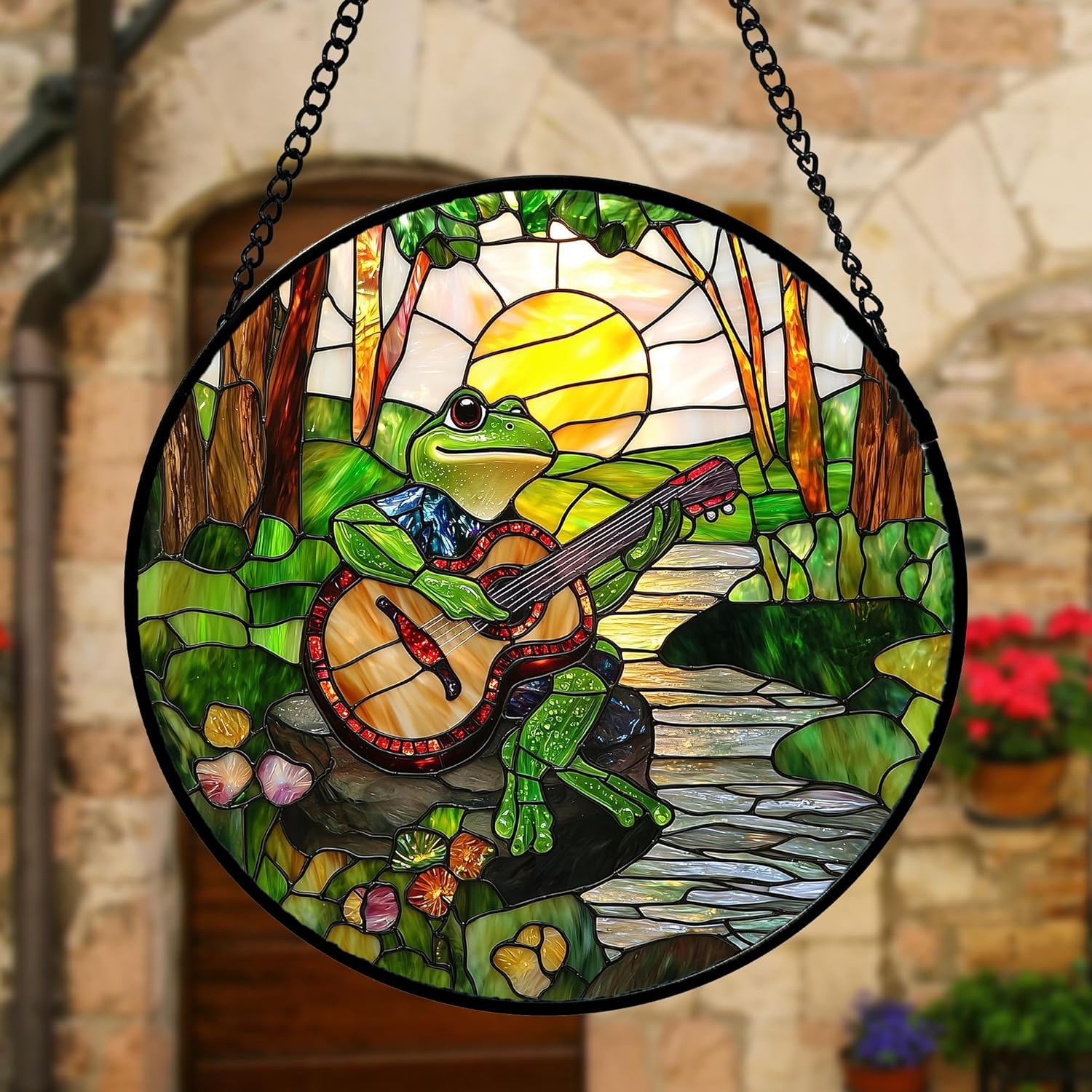 Stained Glass Window Hanging, Frog Playing Guitar Suncatcher Diamond Glass Panel Funny Sun Catchers Decor for Birthday for Women, Men, Wife, Aunt, and Mom 6.3 in-VerdiqueGarden