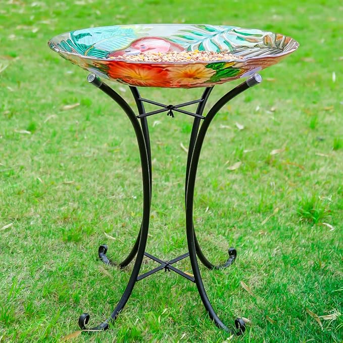 VCUTEKA 18" Outdoor Glass Birdbath with Sturdy Metal Stand for Lawn, Yard, or Garden Decor Bird Lovers Gift, Flamingo Bird Bath Detachable, 22" Height-VerdiqueGarden