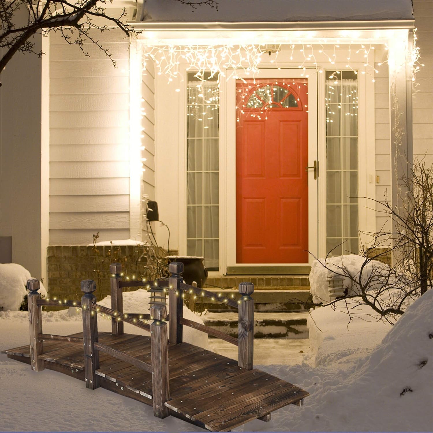 5FT Wooden Garden Bridge Arch Stained Finish Footbridge Decorative Backyard Bridge with Double Safety Railings Outdoor Lawn Pond Bridge Walkway for Garden Yard Patio Courtyard Farm Stream Creek-VerdiqueGarden