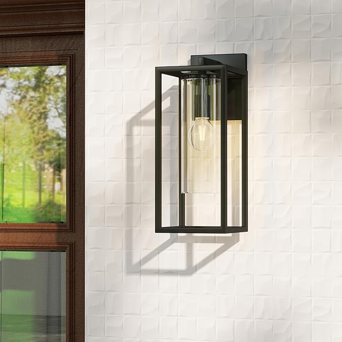 15.7 Inch Outdoor Wall Lights, Outdoor Wall Lantern with Circular Clear Glass Shade, Waterproof Exterior Lighting Fixtures, Modern Front Porch Lighting for House, Garage, E26 Base, ETL Listed, Black-VerdiqueGarden