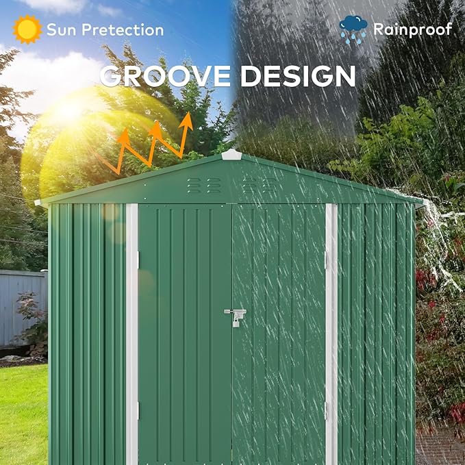 Gizoon Outdoor Storage Shed 8 x 6 FT, Galvanized Metal Garden Shed with Double Lockable Doors, Outdoor Storage Clearance for Backyard Patio Lawn-Green-VerdiqueGarden
