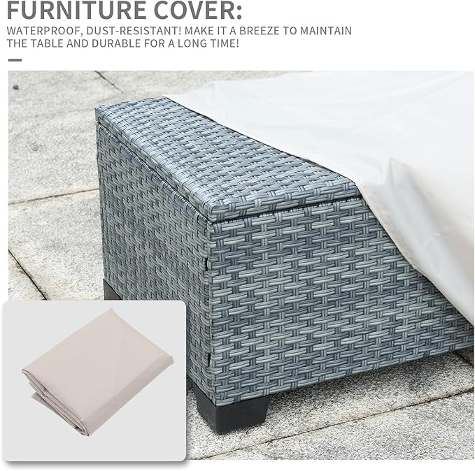 Outdoor Storage Table Wicker Patio Coffee Table All-Weather Rattan Side Table with Waterproof Cover, Grey-VerdiqueGarden