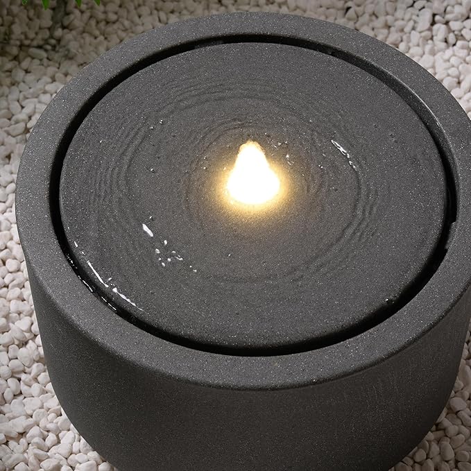 10.23” H Outdoor Water Fountain Made with Eco-Friendly Recyclable Materials, Polyethylene Round Bubbler Outdoor Fountain, Garden Decor with LED Light for Patio, Porch, Backyard-VerdiqueGarden