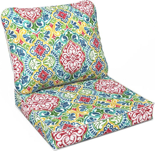 LVTXIII Outdoor Deep Seat Cushion Patio Seat and Back Cushion Set Seasonal Chair Cushion for Dining Arm Chairs, Wicker Chairs and Garden Furniture Decoration, 24"x24"x4", Damask Red-VerdiqueGarden