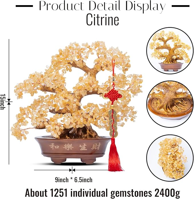 Natural Large Citrine Tree,14"Feng Shui Money Tree(1251 Gemstone Count)Citrine Crystal Tree for Abundance Prosperity Success Fortune Decoration Tree Bonsai for Home & Office Good Luck Wealth-VerdiqueGarden