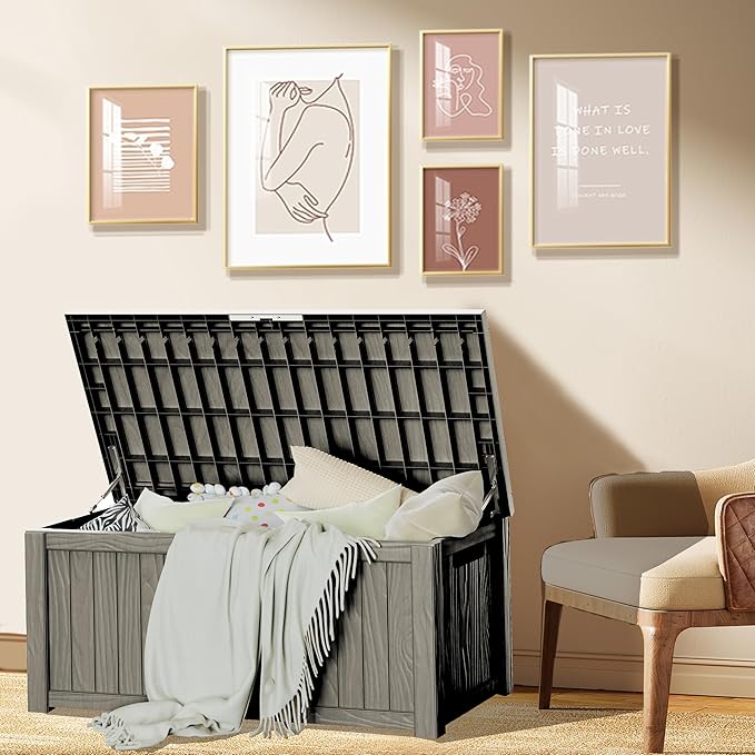 150 Gallon Resin Deck Box, Waterproof Outdoor Storage Bin for Patio Furniture, Pool Accessories, and Garden Tools, Lockable & UV-Resistant, Grey-VerdiqueGarden