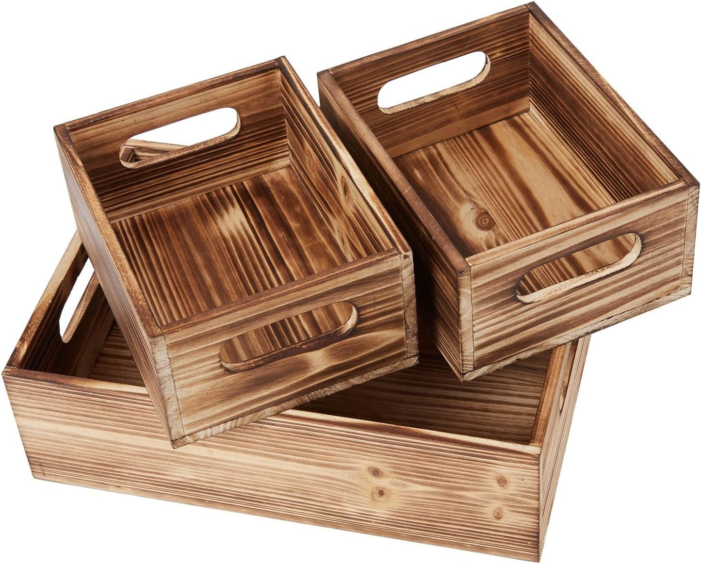 PHOENANCEE Wooden Crate Stackable Decorative Wood Crates set of 3 for Storage Display Rustic Nesting Box Basket Home Decoration Boxes Container Bin with Handles Farmhouse Decor,Solid Pine,L+M+S-VerdiqueGarden