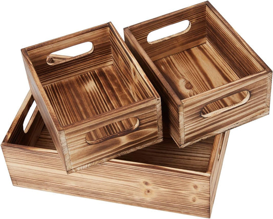 PHOENANCEE Wooden Crate Stackable Decorative Wood Crates set of 3 for Storage Display Rustic Nesting Box Basket Home Decoration Boxes Container Bin with Handles Farmhouse Decor,Solid Pine,L+M+S-VerdiqueGarden