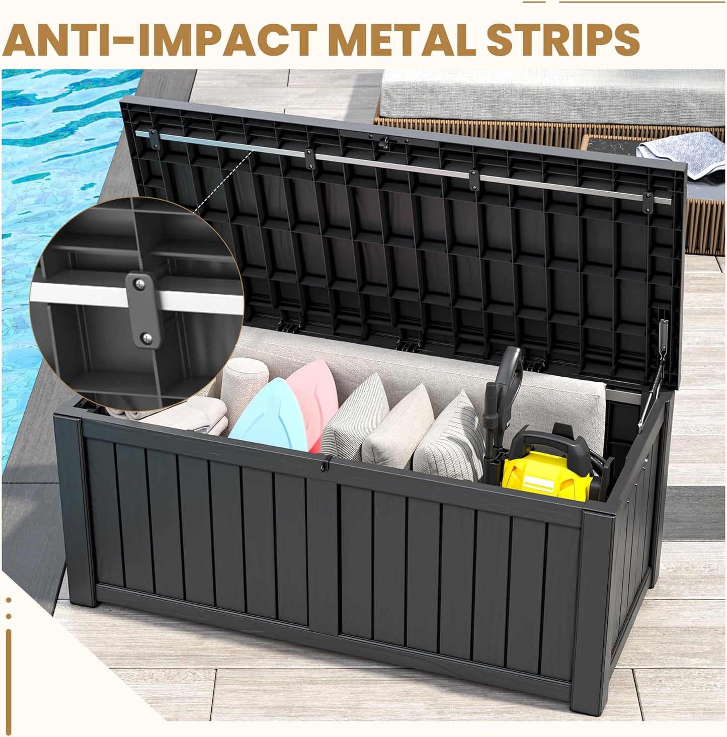 Deck Box, 120 Gallon Outdoor Storage Box Lockable Patio Waterproof for Furniture, Garden Tools, Sports Equipment and Pool Supplies, Waterproof, Resin, Lockable-VerdiqueGarden