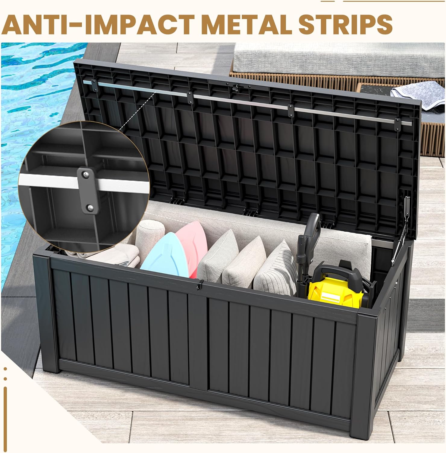 Deck Box, 120 Gallon Outdoor Storage Box Lockable Patio Waterproof for Furniture, Garden Tools, Sports Equipment and Pool Supplies, Waterproof, Resin, Lockable-VerdiqueGarden