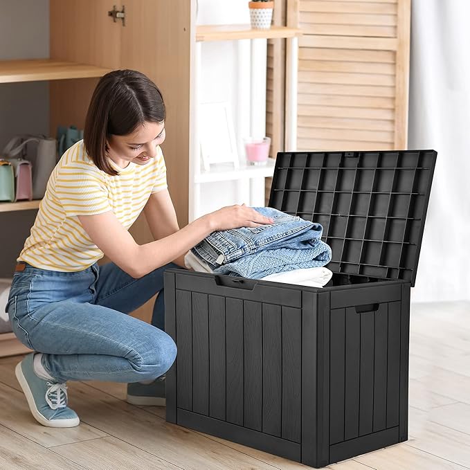 YITAHOME 30 Gallon Deck Box Outdoor Storage Box, Waterproof Resin Package Delivery and Storage Box with Lockable Lid for Patio Furniture Cushions, Pool Accessories, Garden Tools, Black-VerdiqueGarden