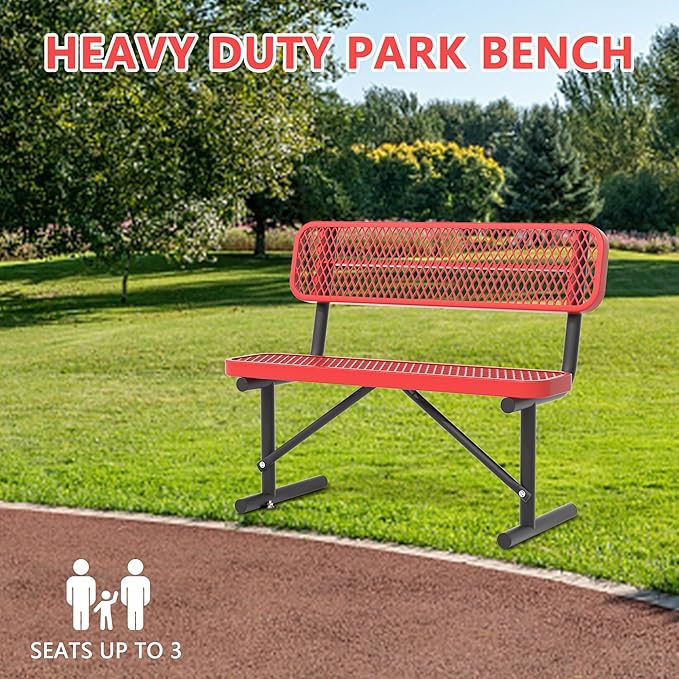 Heavy Duty Park Bench with Back Portable Frame, Outdoor Steel Bench with Backrest, Outdoor Park Bench Expanded Metal Mesh Bench for Lawn, Park, Deck, Garden, Patio, Porch, Black (Red, 4FT)-VerdiqueGarden