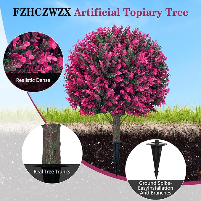 Artificial Topiary Tree with Pink Eucalyptus, Set of 2-17in UV Resistant Fake Evergreen Tree for Porch, Outdoor Artificial Plants for Planters - Ground Spike Included FZHCZWZX-VerdiqueGarden