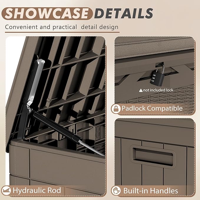 Devoko 100 Gallon Deck Box, Waterproof Resin Outdoor Storage Box with Cushion for Outside, Large Outdoor Storage Bench Cabinet Lockable for Patio Furniture and Garden Tools (Brown)-VerdiqueGarden