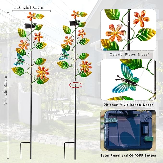 3 Pack Solar Garden Lights, Flower & Insect Metal Solar Stake Light, 23" H Outdoor Statues Figurine Lights for Garden Lawn Patio Yard Decoration-VerdiqueGarden
