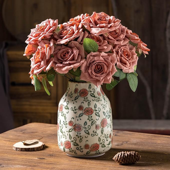 Green and Beige Vintage Round Vase, Red Rose Chinoiserie Floral Vase, Farmhouse Antique Decorative Ceramic Flower Vases for Bouquet, Home Decor, Living Room, Bookshelf, Office, Tuscan Decor 7.8 Inch-VerdiqueGarden
