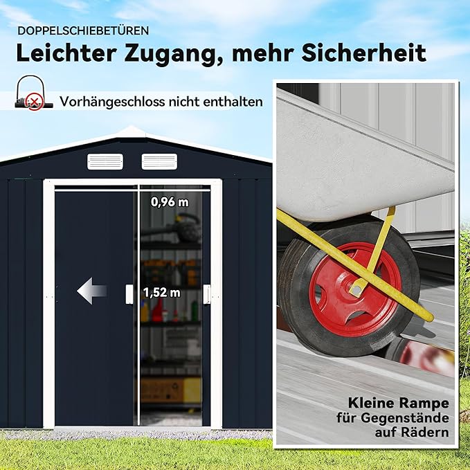 Outsunny 9' x 6' Outdoor Storage Shed, Garden Tool Metal Shed with Foundation Kit, Double Lockable Door, Air Vents and Sloping Roof, for Backyard, Patio, Lawn, Dark Gray-VerdiqueGarden