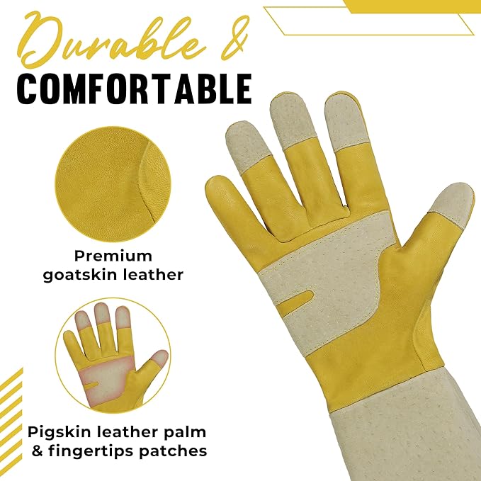 HANDLANDY Rose Pruning Gardening Gloves for Men Women, Thorn Proof Forearm Protection Leather Garden Gloves, Gardening Gifts for Gardeners (Yellow- goatskin, Small (Pack of 1))-VerdiqueGarden