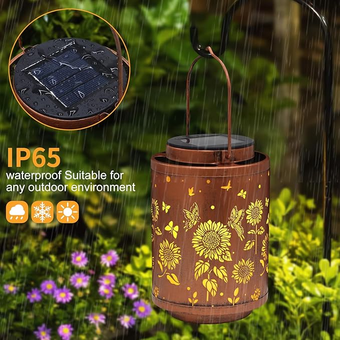 Solar Outdoor Hanging Waterproof Lantern Butterflies Garden Decor LED Light Solar Metal Lantern Gifts for Girl Women Solar Decoration for Patio Pathway Yard, Gold, T-DL-204-VerdiqueGarden