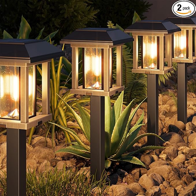 XMCOSY+ Solar Lights Outdoor Waterproof IP65, 25 LM Garden Light for Yard Pathway, Dual-Tone LED Lights with Seed Glass Metal, Solar Powered Landscape Walkway Pathway Decor Lighting (Warm White)-VerdiqueGarden