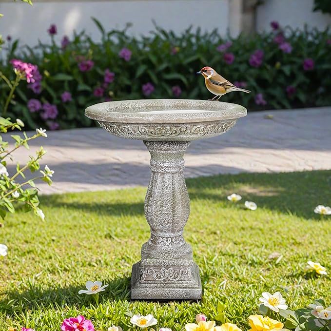 SunJet 23.8” H x 20” Dia Outdoor Birdbath with Exquisite Carvings Pedestal - Fibre Reinforced Concrete Birdbaths, Neoclassical Style Design for Garden Decor & Bird Attraction-VerdiqueGarden