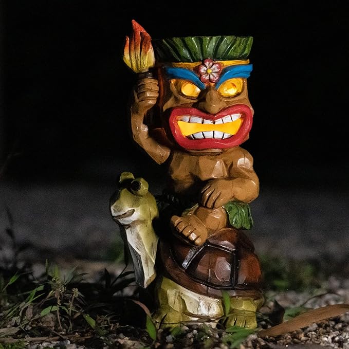 Solar Tiki Statue Light-Garden Turtles Outdoor Decor - Tiki Man Riding Turtle with Tiki Torch Solar Light for Tiki Bar Decorations, Patio, Balcony, Yard,Lawn,Gifts-VerdiqueGarden