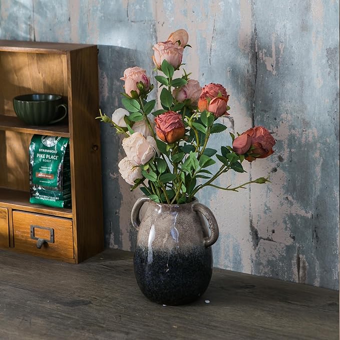 Brown Gradient Ceramic Vase with 2 Handles, Modern Farmhouse Decor, Rustic Terracotta Pottery, Decorative Flower Vases, Clay Small Vase, Centerpiece for Dining Table - 7 Inch Tall-VerdiqueGarden