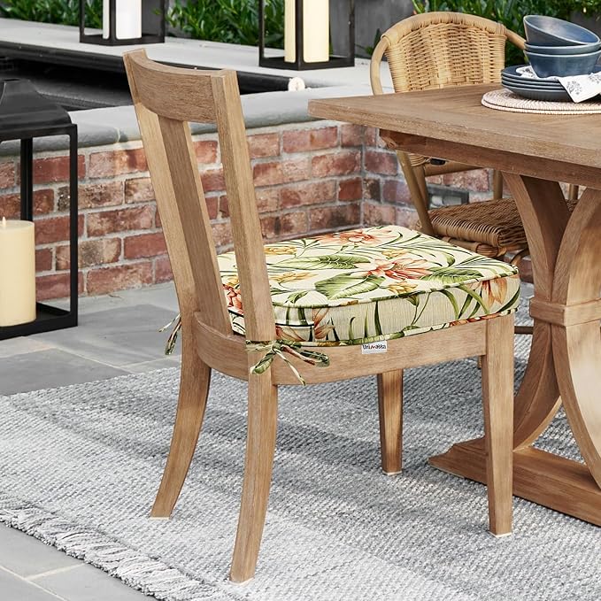 Round Corner Seat Cushions, 17" x 16" x 2", Set of 4, Indoor Outdoor Water Repellent Universal Chair Pads with Ties for Patio Furniture, Garden Deck Dining Chairs, Leaf and Flower-VerdiqueGarden