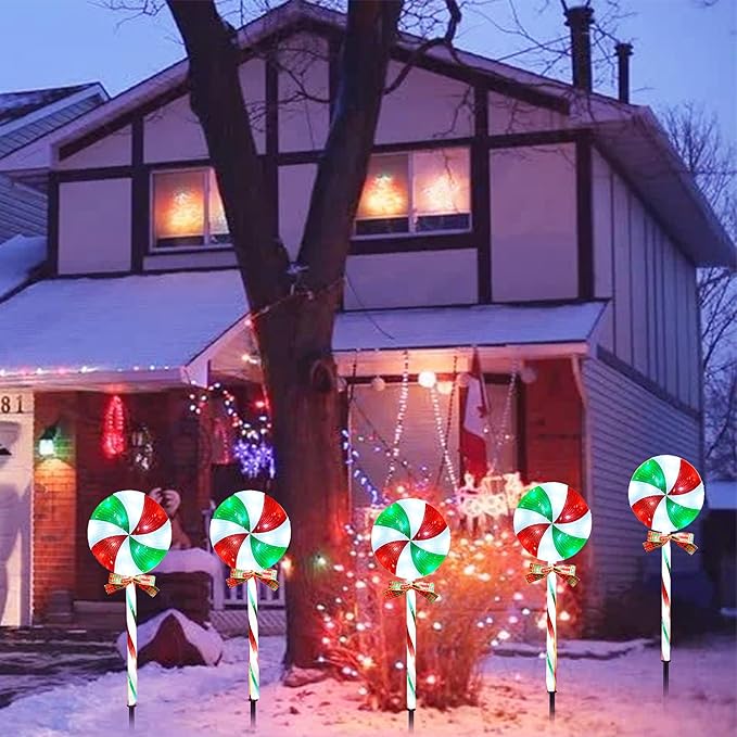 10 Packs Christmas Pathway Lollipop Lights with Bow Tie Solar Powered Outdoor Waterproof Xmas Candy Cane Path Landscape Decorative Stake Lights 2 Solar Panel + 10 Lights-VerdiqueGarden
