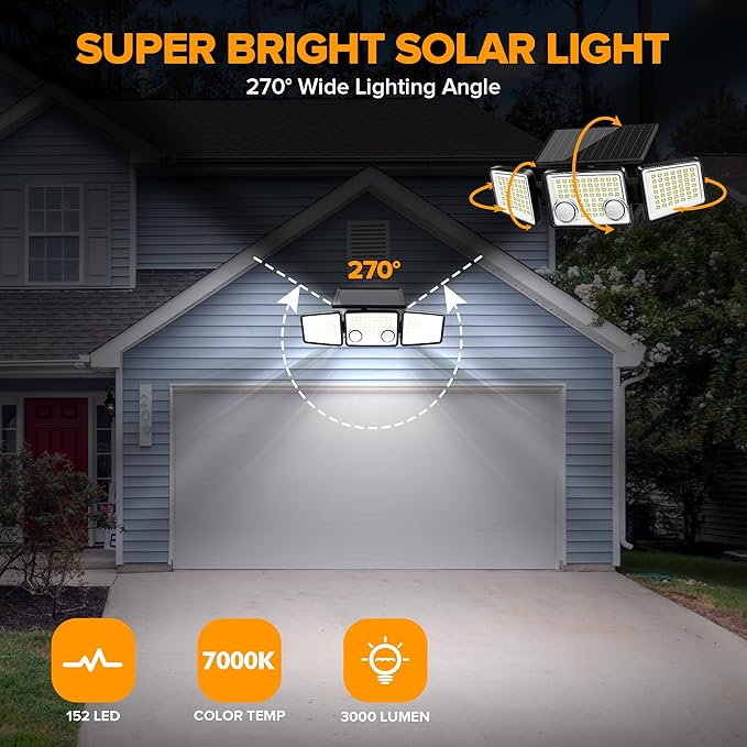 UME Solar Outdoor Lights 3000 Lumen 7000K, 152 LED Super Bright Motion Sensor Outdoor Lights with 2 Sensors, IP65 Waterproof 270 Wide Angle Solar Flood Lights with 3 Modes for Garden - 4 Pack-VerdiqueGarden