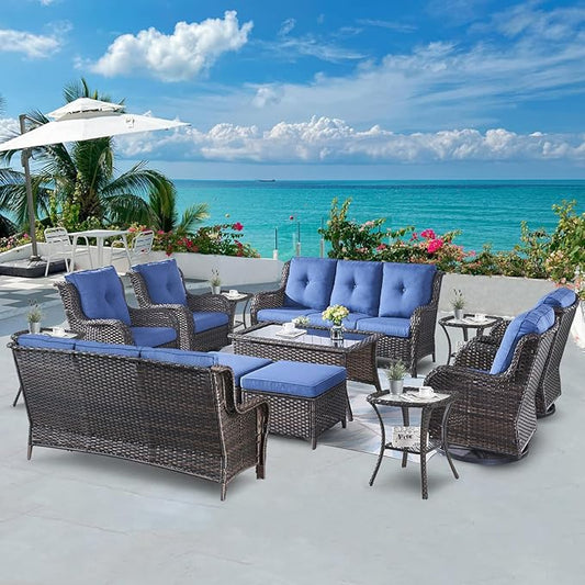 Wicker Patio Furniture Sets - 13 Piece Outdoor Rattan Furniture Conversation Sets with 4 Swivel Rocker Chairs, 2 Rattan Sofas, Wicker Ottomans and Coffee Table, Brown/Blue-VerdiqueGarden