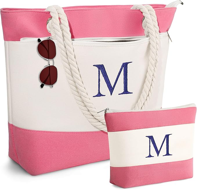 YOOLIFE Beach Bags for Women - Initial Tote Waterproof Bag with Makeup Bag, Mothers Day Gifts for Women Mom Friend Birthday-VerdiqueGarden