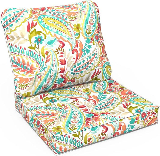LVTXIII Outdoor Deep Seat Cushion Patio Seat and Back Cushion Set Seasonal Chair Cushion for Dining Arm Chairs, Wicker Chairs and Garden Furniture Decoration, 24"x24"x4", Pretty Paisley-VerdiqueGarden