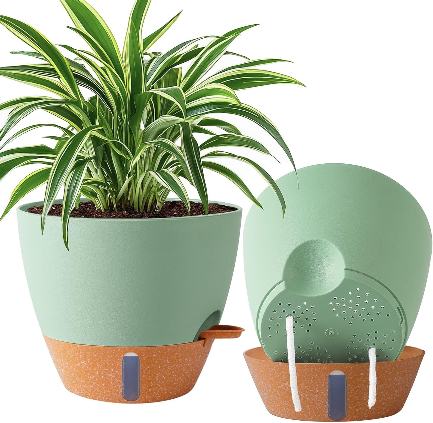 2 Pack 10 inch Plant Pots, Plastic Self Watering Planters with Drainage Holes, Deep Reservoir, Water Level Indicator, Modern Decorative Flower Pots for Indoor Outdoor Plants (Green, 10 inch)-VerdiqueGarden
