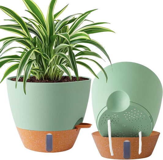 2 Pack 10 inch Plant Pots, Plastic Self Watering Planters with Drainage Holes, Deep Reservoir, Water Level Indicator, Modern Decorative Flower Pots for Indoor Outdoor Plants (Green, 10 inch)-VerdiqueGarden
