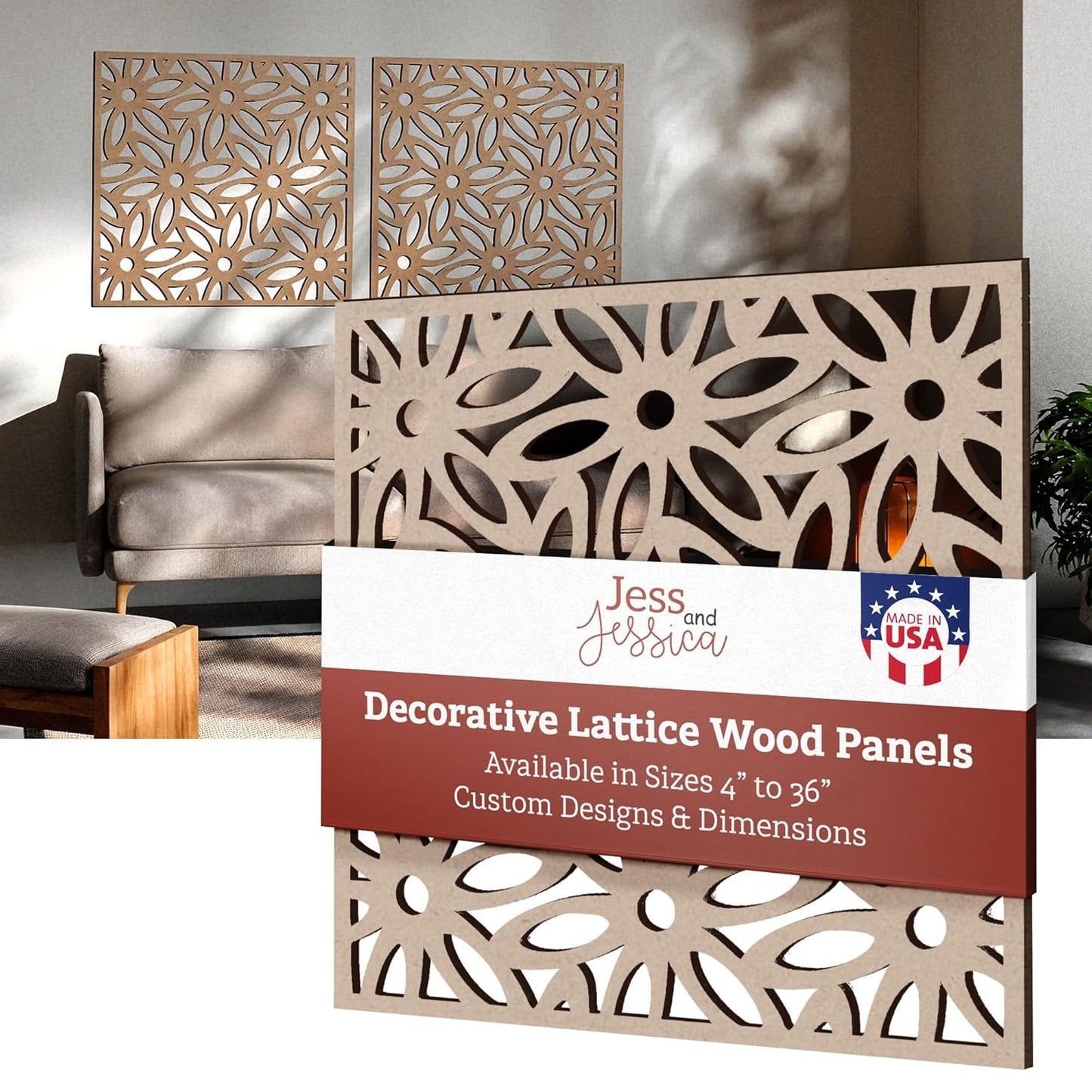 Jess and Jessica Lattice Panels-Decorative Wood Panels, Wood Lattice Panels for Outside, Privacy Screen for Patio Outdoor, Window, Cabinets, Fretwork Wall Panels- Custom Size Lattice Panel Screen-VerdiqueGarden